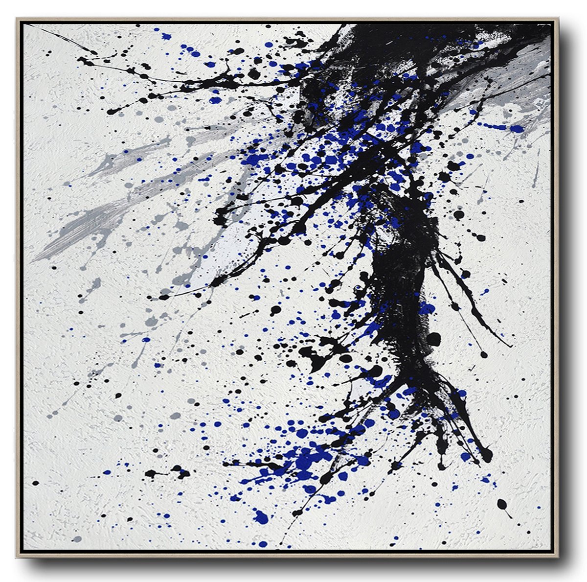 Hand-Painted Minimalist Drip Painting On Canvas, Black, White, Grey, Blue - Abstract Art Blue And Gray Foyer Large